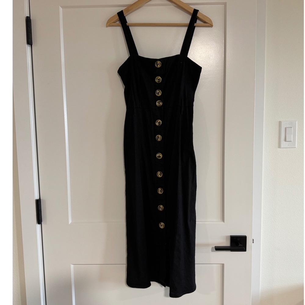 FOREVER 21 Black Linen Blend Button Down Midi Dress EUC - Picture 3 of 7